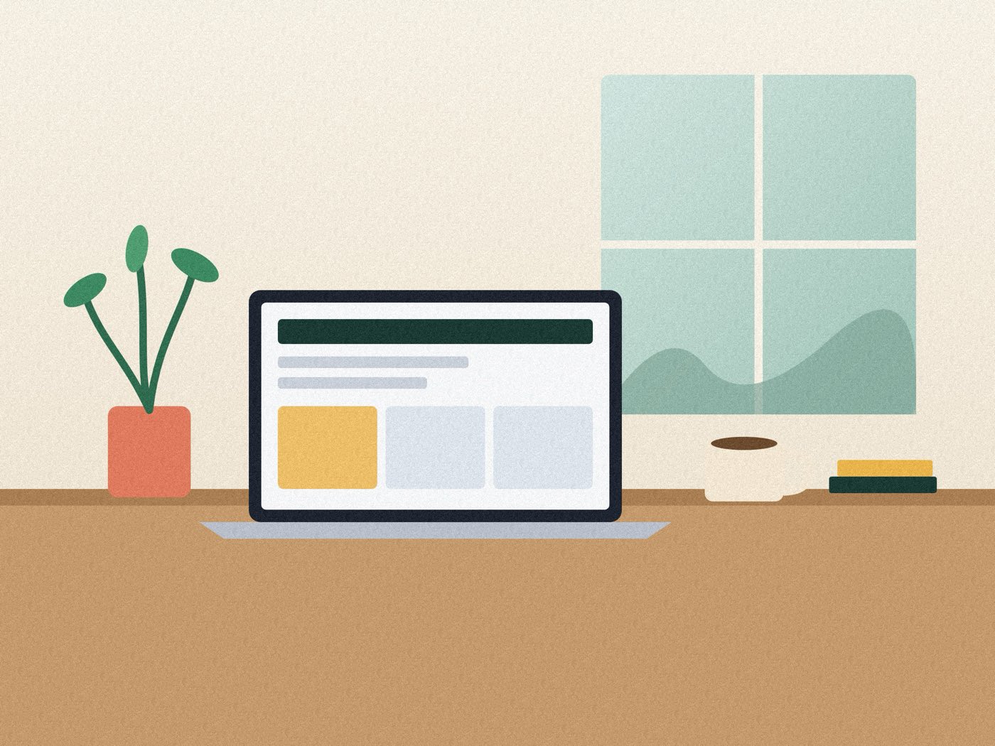 Illustration of a laptop on a desk beside a plant and a coffee cup